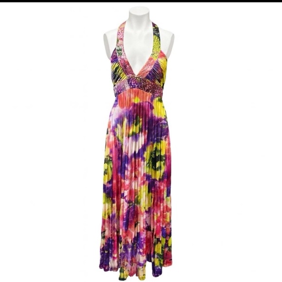 Morgan & Co. Dresses & Skirts - Vintage Beaded Halter Dress Y2K Watercolor Maxi Formal Fairy Sparkle Pink Prom